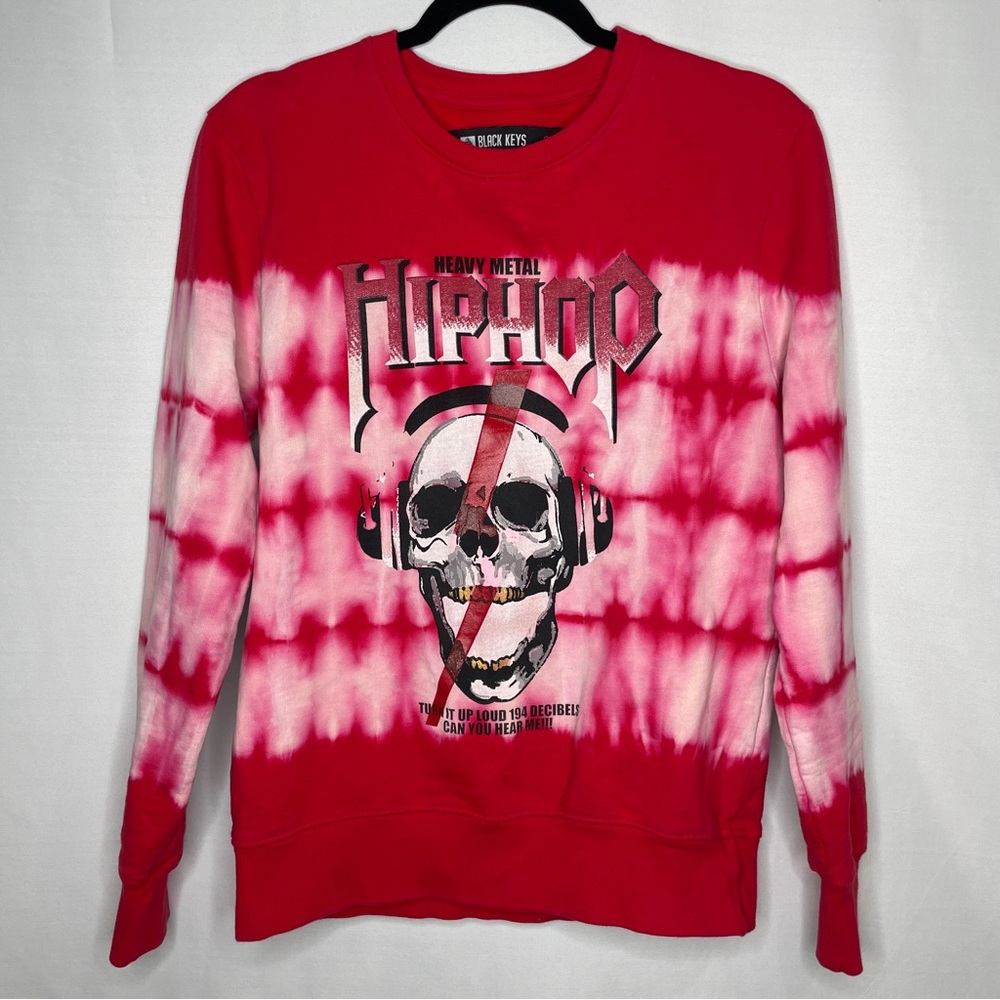Red and pink bleach tie-dyed heavy long sleeve w Heavy Metal HipHop skull design